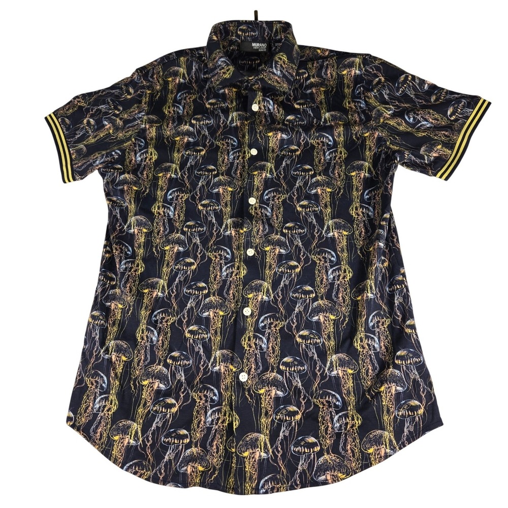 Murano Liquid Luxury Mens Lrg Slim Fit Jellyfish Print Short Sleeve Shirt Black